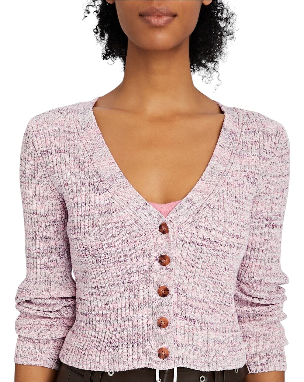 Intermix Kiera Marled Pink Knit Cropped Cardigan Sweater